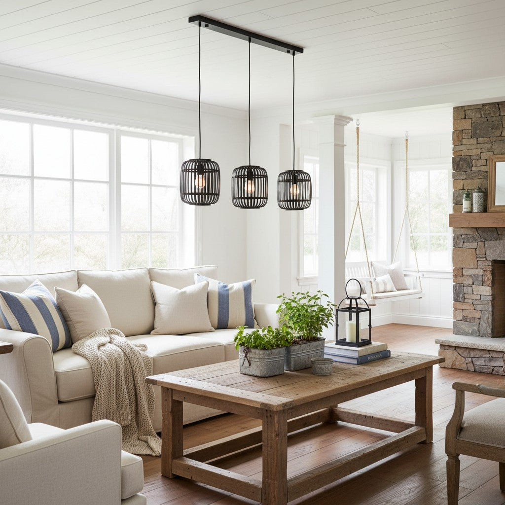 Lampe suspendue réglable en bambou Yumeko - Plafonnier à cage naturelle parfait pour les salons et salles à manger