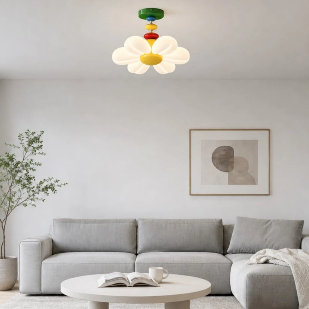 Flower lamp lighting a soft sofa area