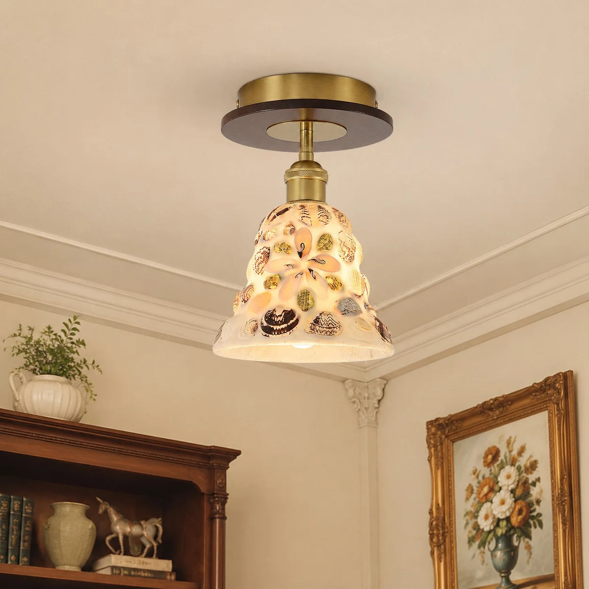 Shell glass ceiling light in a compact entryway scene