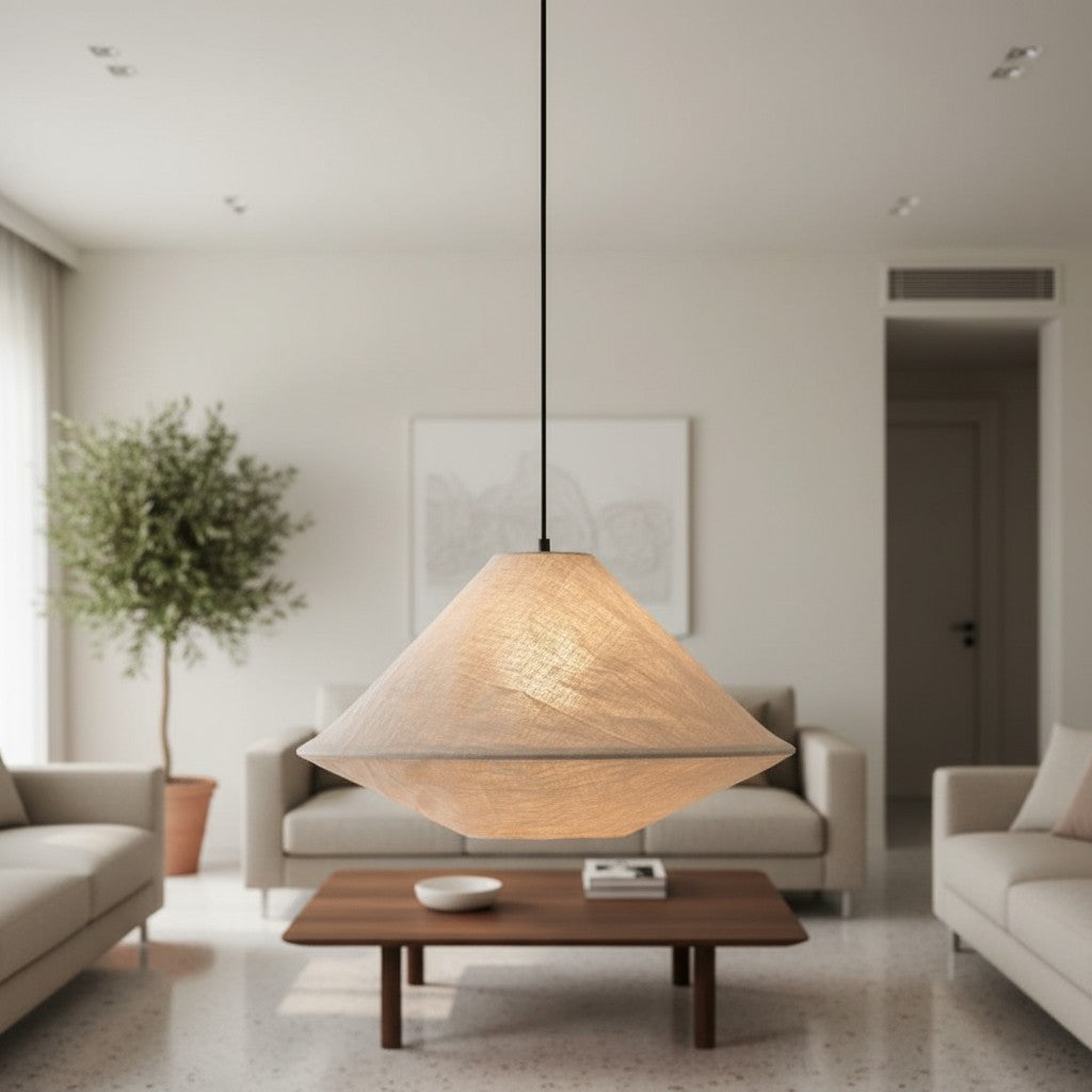 Sombra de tela plegable Zalen - Lámpara colgante tejida artesanal para ambiente de comedor y entrada
