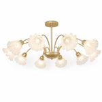 Załaduj obraz do przeglądarki galerii, Gold-finished iron ten-arm floral glass chandelier on a white background