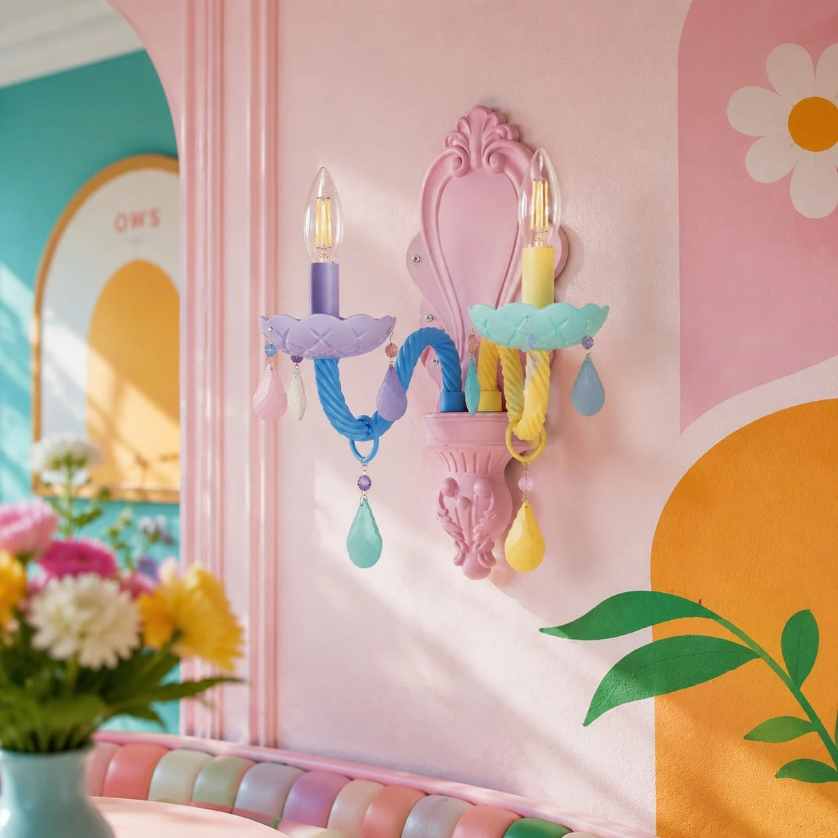 two-head colorful wall sconce in a pastel children room