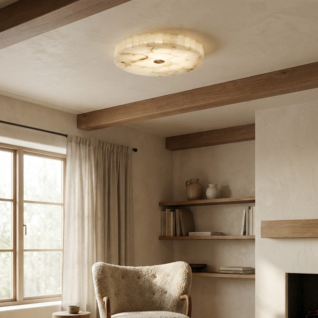 AlbaSphere Modern Round Ultra Thin Ceiling Lamp - Alabaster Contemporary Home Lighting