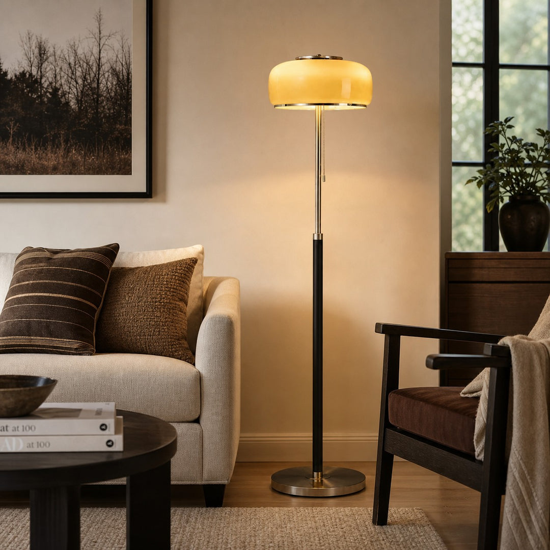 Lampada da terra in vetro Bauhaus con struttura in legno e cromo