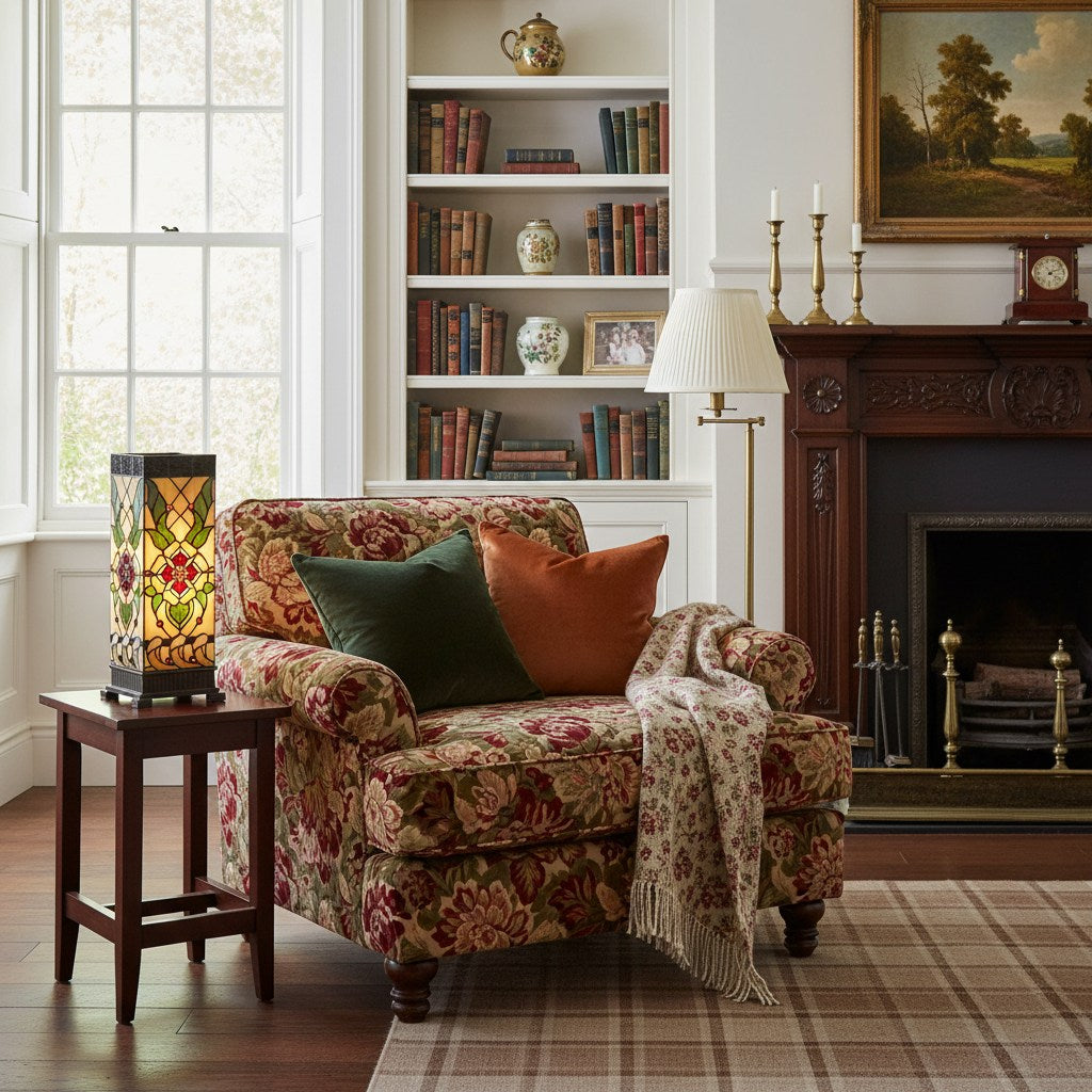 TF Angelique Art Nouveau glas-in-lood tafellamp - handgemaakt bloemmotief voor woonkamer