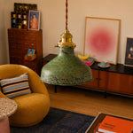 Cargar imagen en el visor de la Galería, Distressed green pendant lamp in a colorful living room corner