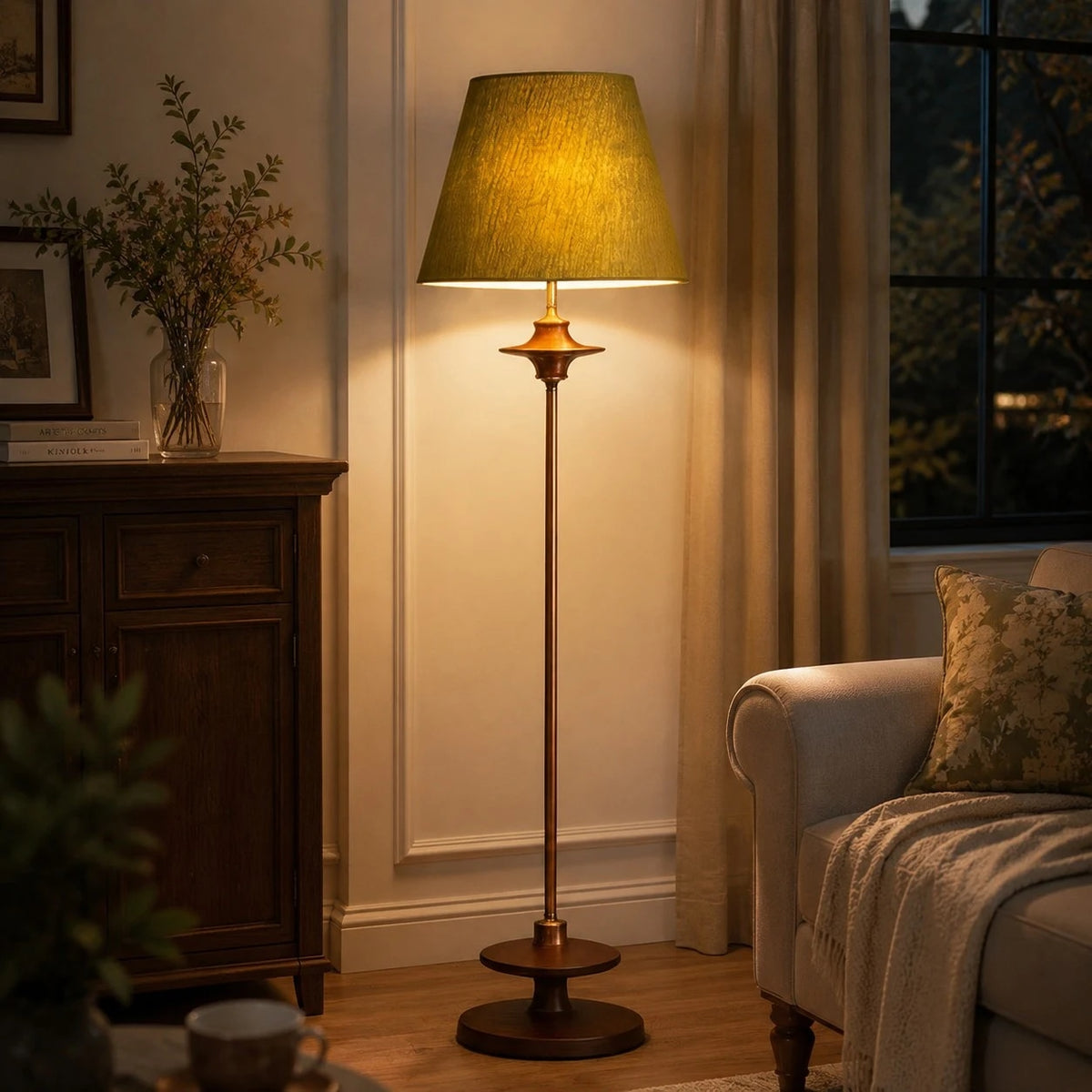 Warm vintage floor lamp in evening living room