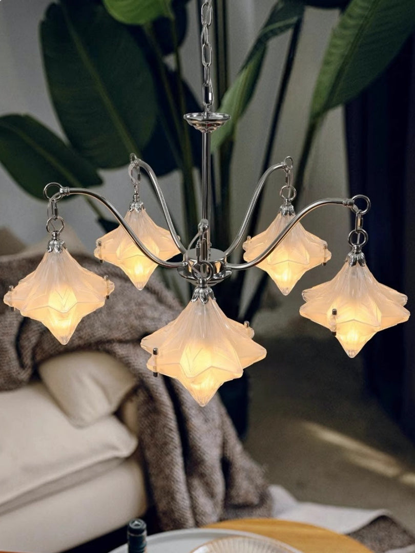 Art Deco Astris Star Chandelier – Frosted Glass Deco Fixture for Dining Room