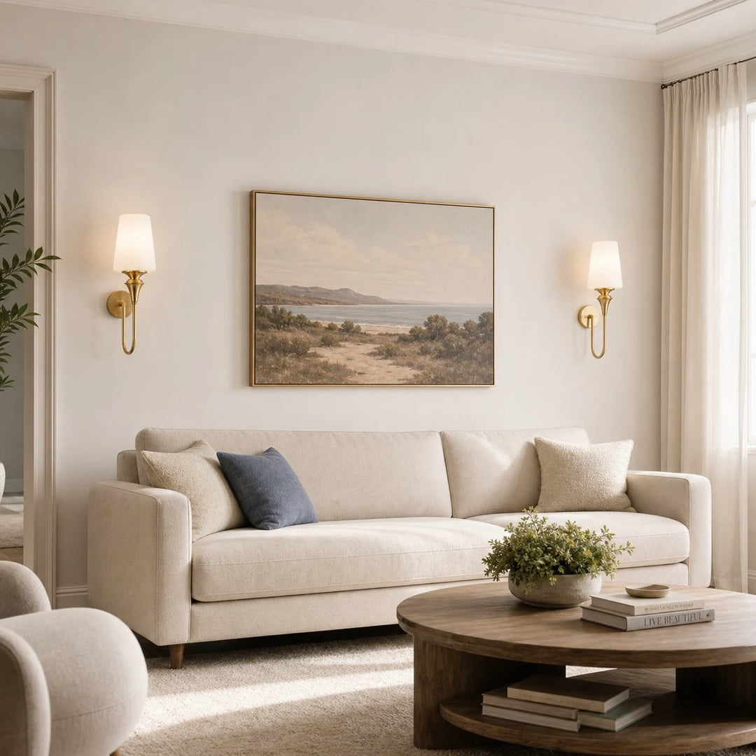 Opal glass wall sconce installed in a living room
