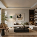 Load image into Gallery viewer, Wood floor lamp beside a neutral living room sofa