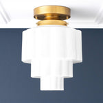 Load image into Gallery viewer, Geotower Glass Brass Ceiling Light – Art Deco Ribbed Globe Flush Mount
