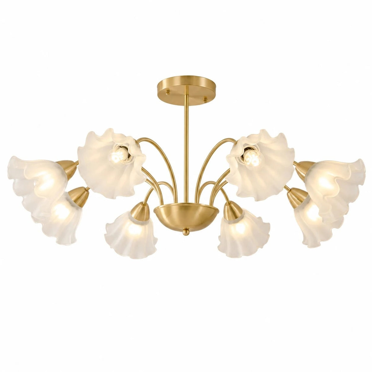 Solid brass eight-arm floral glass chandelier on a white background