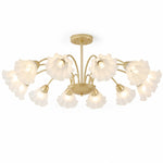 Załaduj obraz do przeglądarki galerii, Gold-finished iron twelve-arm floral glass chandelier on a white background