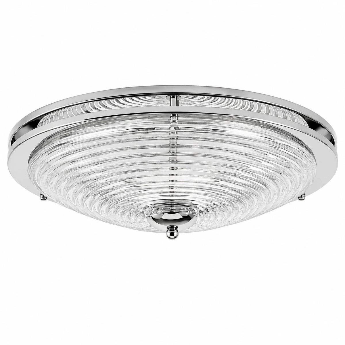 Bauhaus chrome rippled glass flush mount ceiling light on a white background
