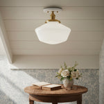 Load image into Gallery viewer, Geotower Glass Brass Ceiling Light - Opal Glass Schoolhouse Shade - Modern Elegance
