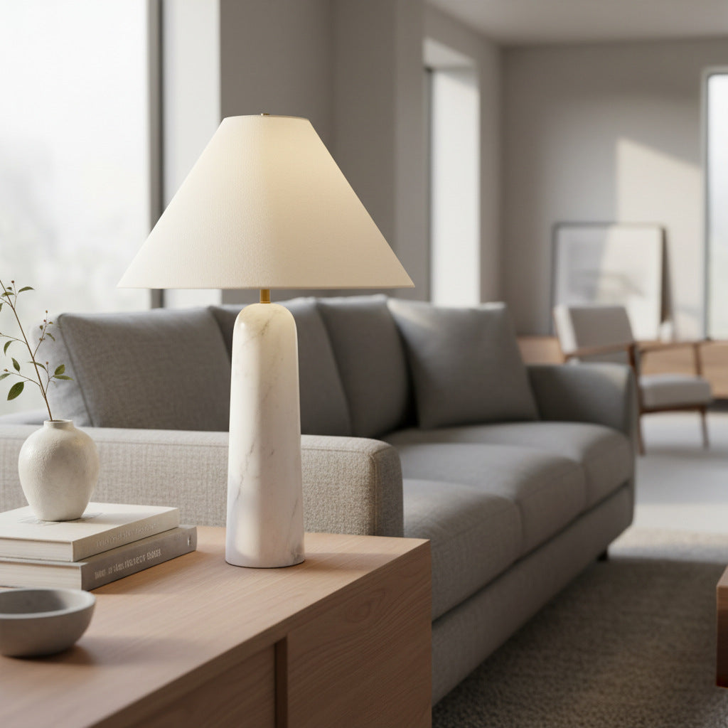 Albi Lampada da Tavolo Minimalista in Marmo – Paralume Elegante in Tessuto Adatto a Qualsiasi Ambiente