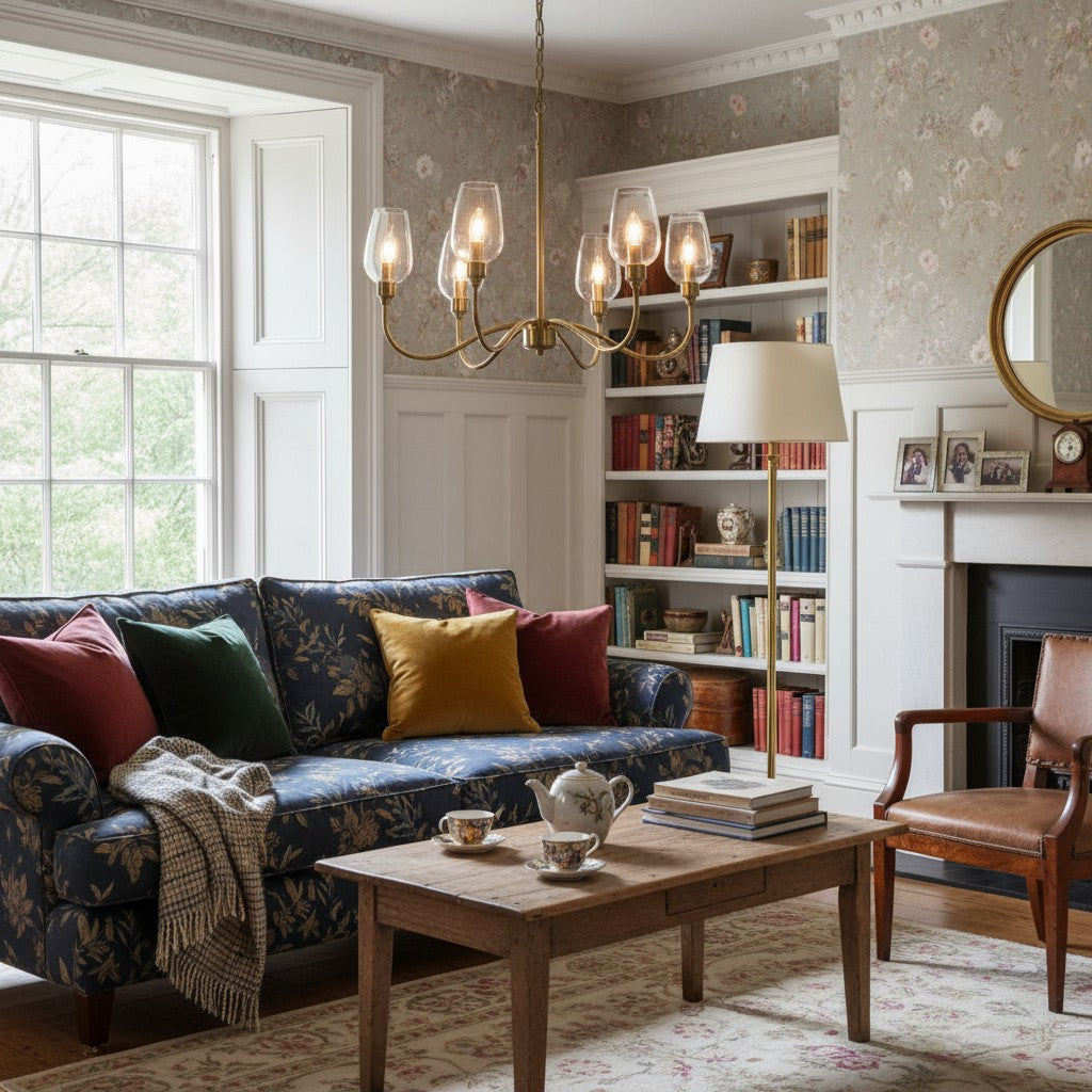 Clarione Art Deco 6-licht lineaire kroonluchter met mondgeblazen glazen kapjes voor keuken