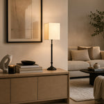 Afbeelding laden in galerijweergave, Square fabric shade table lamp on a console in a living room