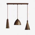Cargar imagen en el visor de la Galería, Mixed three-light hammered copper pendant on walnut ceiling base