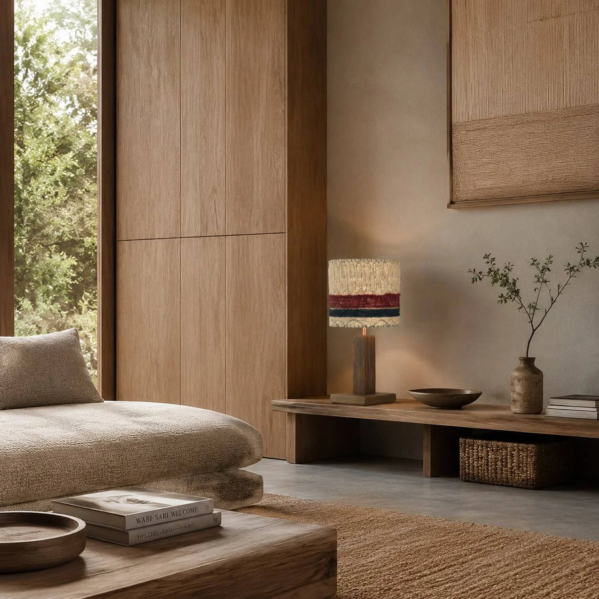Striped loofah table lamp lit in a natural wood interior