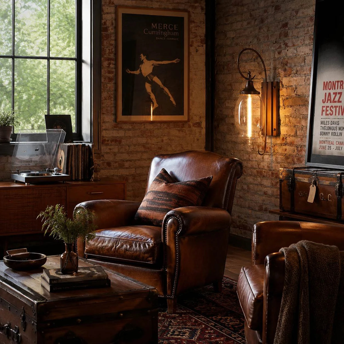 Industrial lounge installation on a brick wall