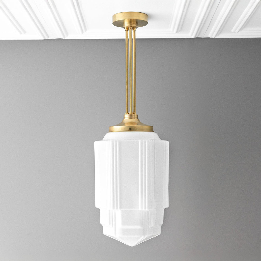 Geotower Glass Brass Pendant – Opal Globe Art Deco Hanging Light