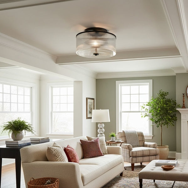 Rilona Gestreepte Glazen Trommel Plafondlamp — Klassieke Semi-Opbouw Lamp voor Slaapkamer of Kantoor U13