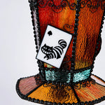 Cargar imagen en el visor de la Galería, Amber yellow shade detail with card panel and decorative metalwork