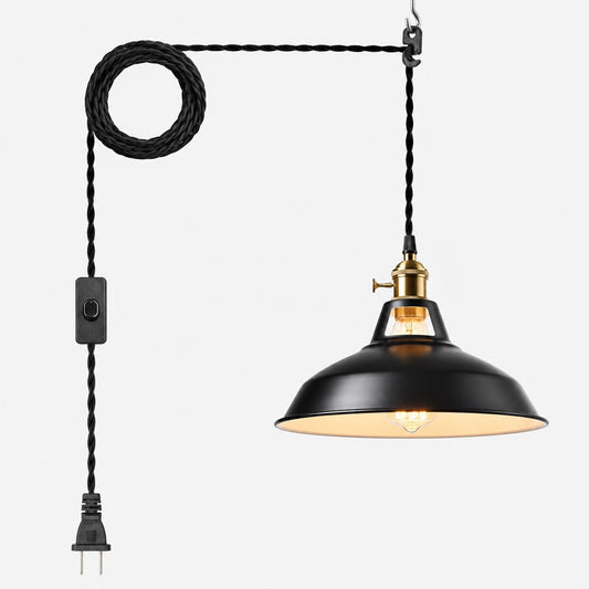Lámpara colgante de estilo granja con enchufe, interruptor de encendido/apagado y pantalla de granero de metal ajustable