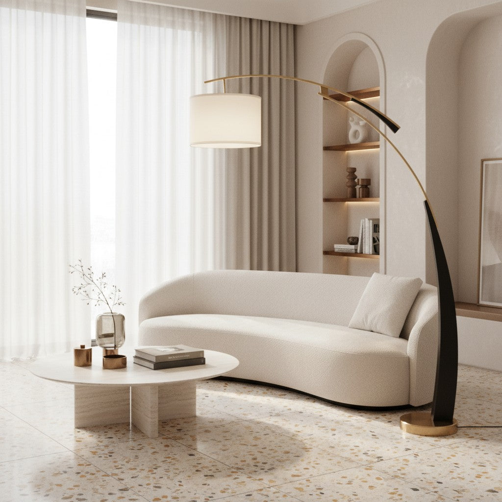 AstraLoop Moderne Bogen-Stehlampe mit Stoffschirm – Elegantes Schlankes Gebogenes Metall-Design für Innenräume