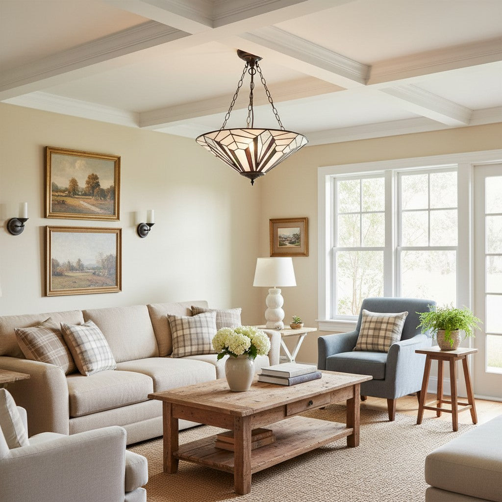 TF Astoria Decoratief Glas-in-Lood Semi Opbouwlamp – Art Deco Plafondarmatuur voor Entrees & Lounges