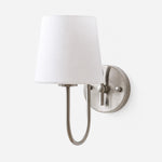 Carica l'immagine nella visualizzazione Galleria, White shade satin nickel French style wall sconce on clean background