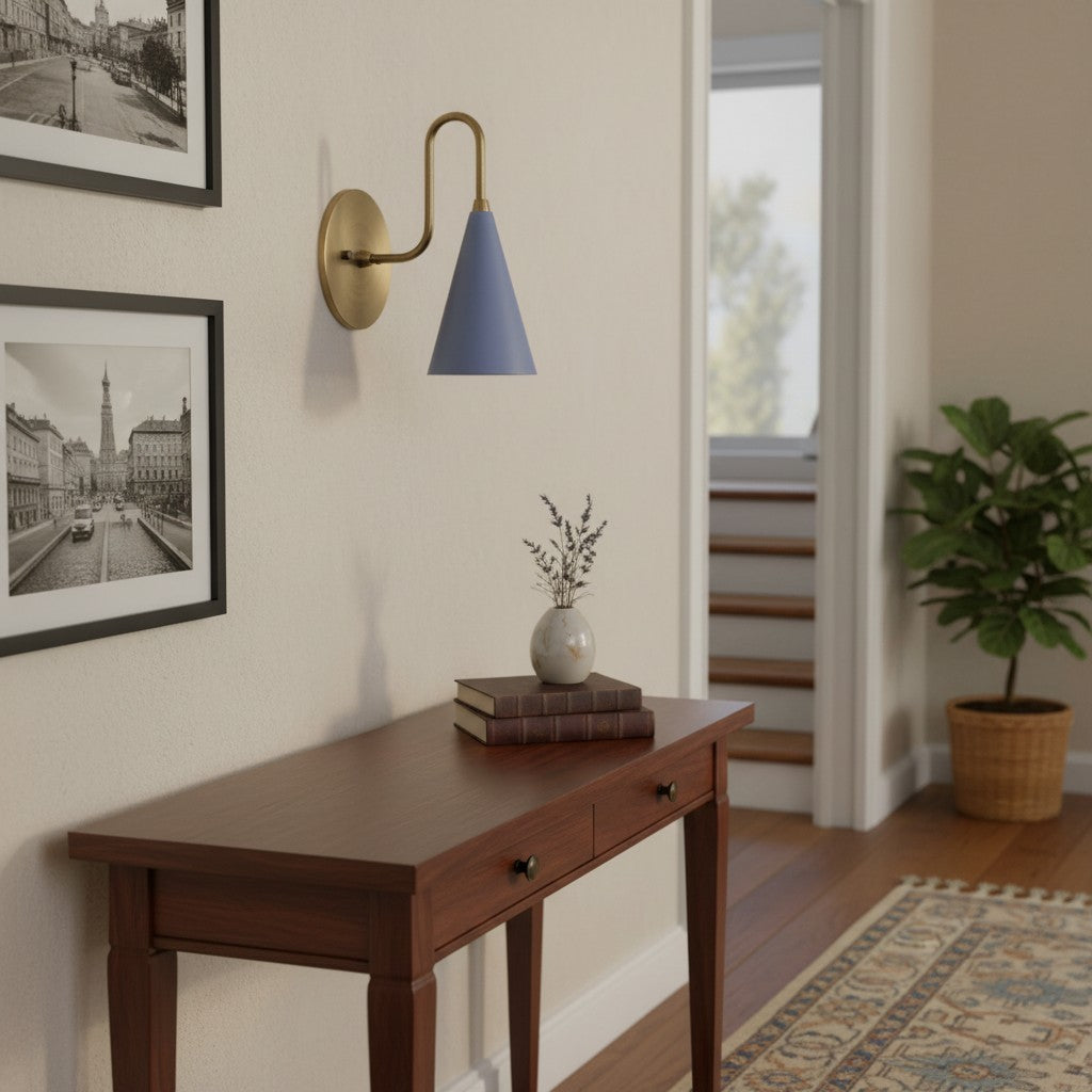 Curva Metal Cone Shade Sconce – Vintage Brass Wall Light for Entryway or Stairwell