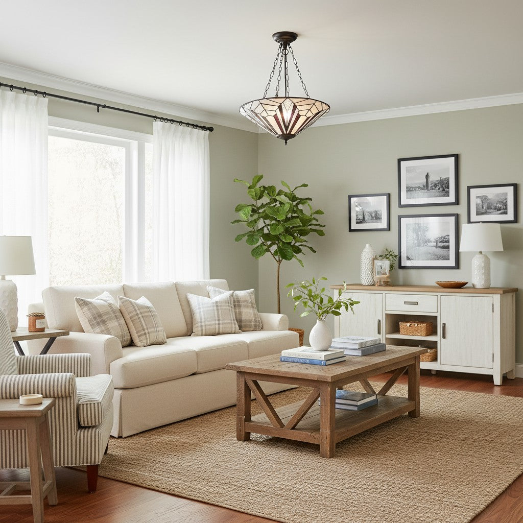 TF Astoria Decoratief Glas-in-Lood Semi Opbouwlamp – Art Deco Plafondarmatuur voor Entrees & Lounges