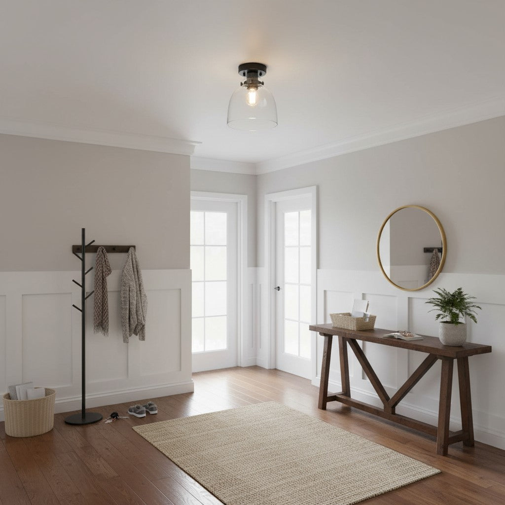 Luz de techo cromada estriada Ravion con pantalla de vidrio industrial - Sala de estar