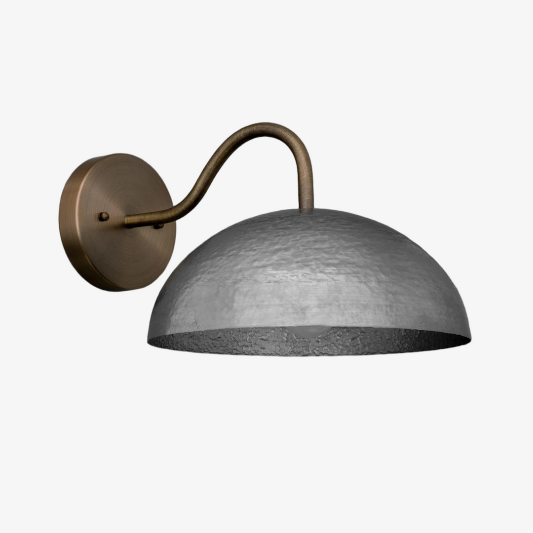 Curva Metal  Industrial Wall Sconce - Curved Brass Arm - Hammered Dome Light Fixture