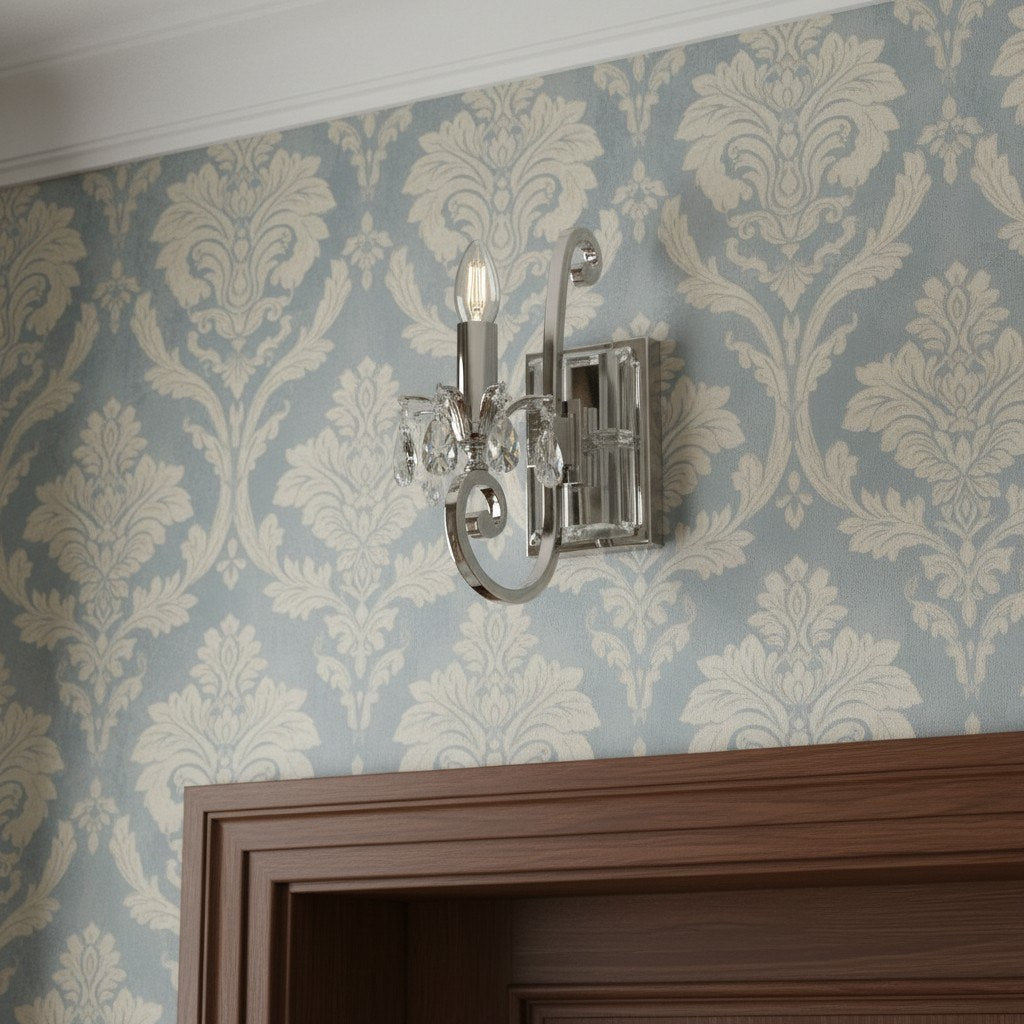 Talonis Kristal Accent Wandlamp – Gebogen Chroom Armontwerp voor Woon- en Halruimtes