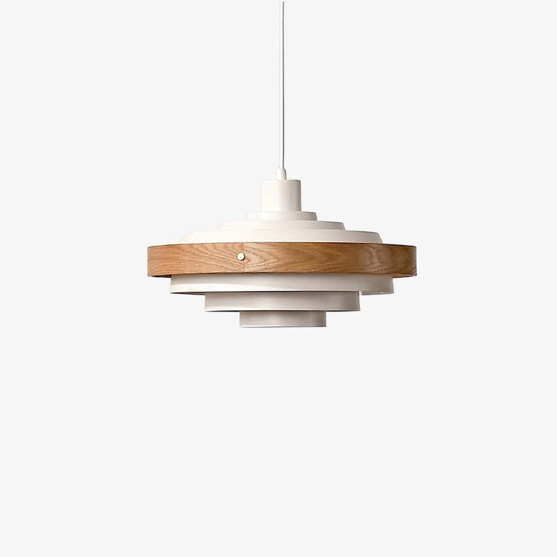 Layervelle eigentijdse gelaagde hanglamp – Sculpturale houten en metalen hanglamp voor woonruimtes
