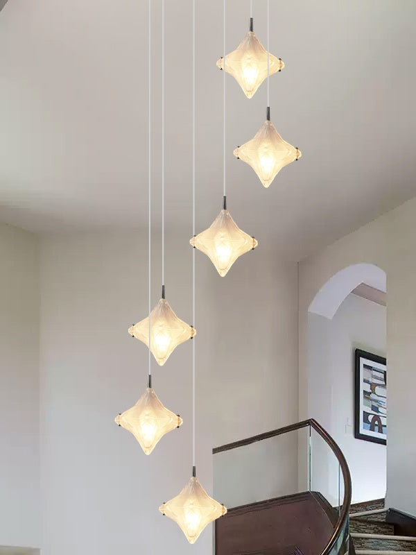 Art Deco Star Staircase Pendant Light - Frosted Glass Hanging Fixture - Astris Altair