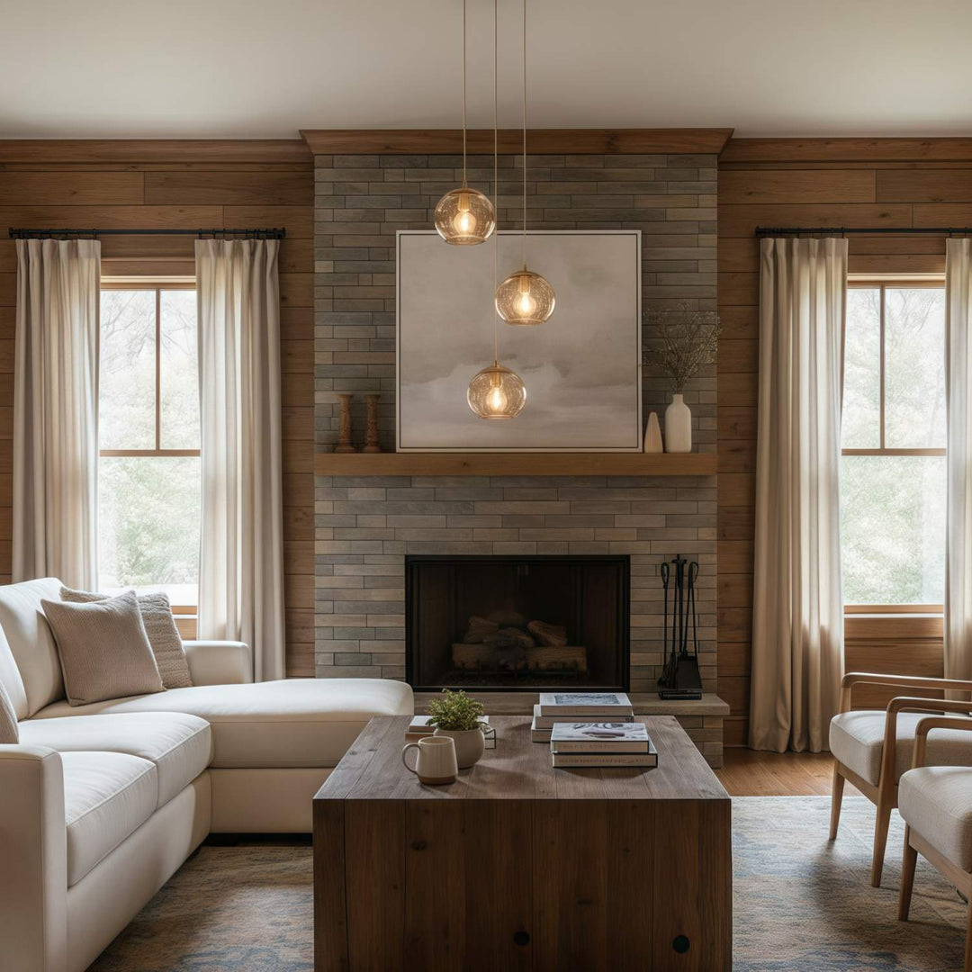 Tracian Dimpled Globes 3-Lichts Hanglamp – Sculpturale Amber Verlichting Ideaal voor Lounge of Entree