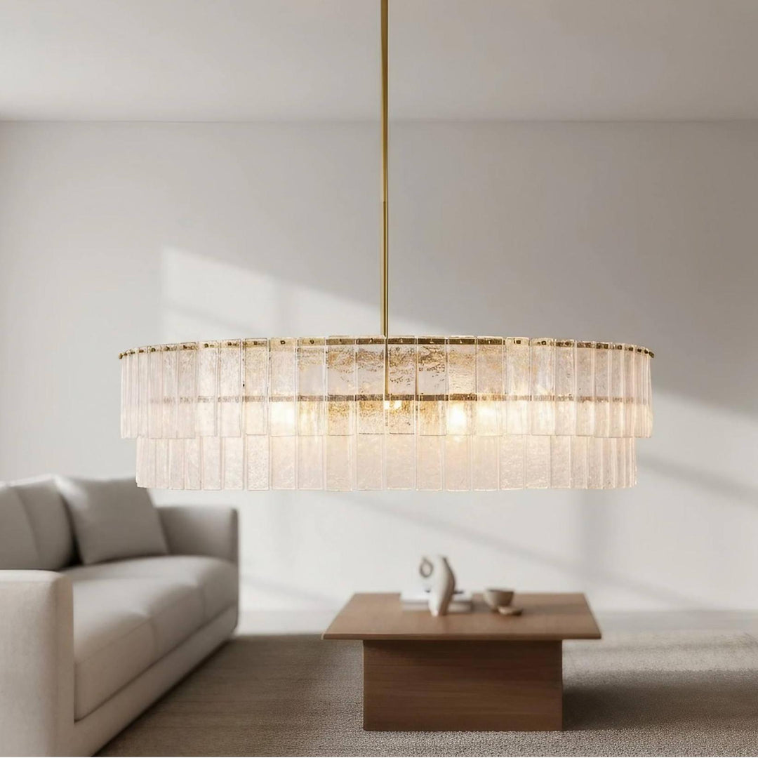 Lustre en verre texturé Lumvey - Lustre rond à deux niveaux de luxe fait main pour salon