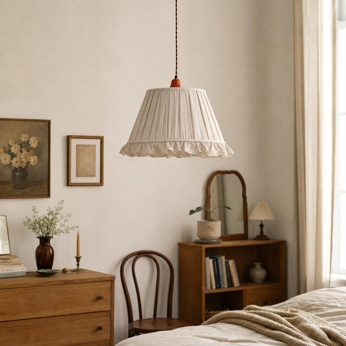 Pleated pendant light in a warm bedroom corner