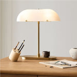 Load image into Gallery viewer, Ferosa Boat-Shaped Lampshade Table Lamp – Vintage Bronze Finish with Milk Glass Shade
