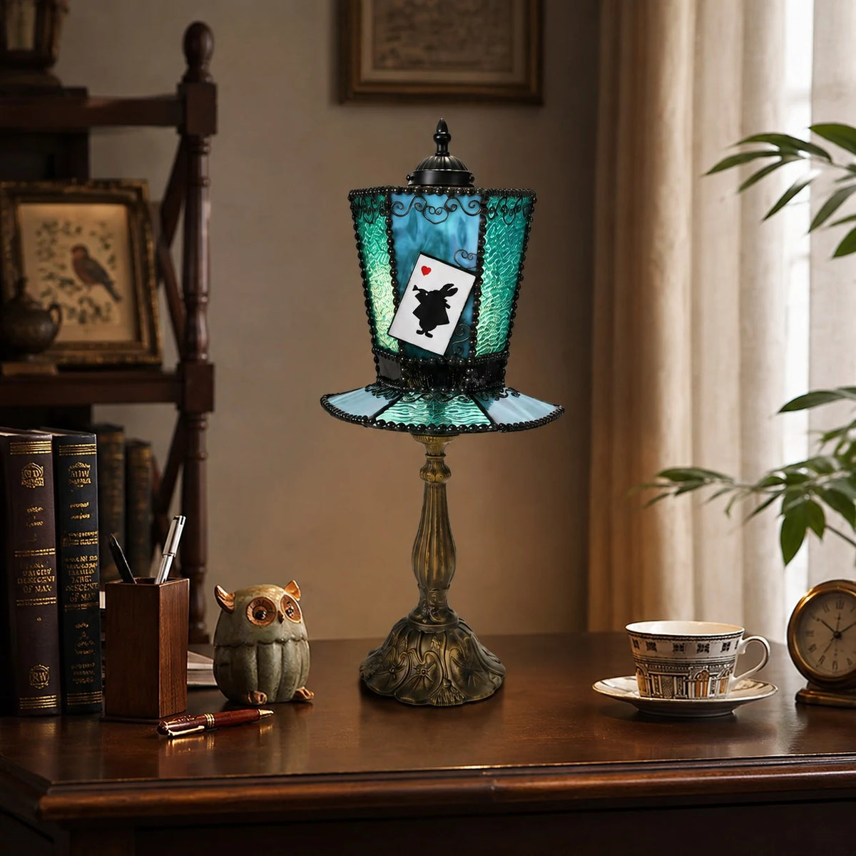 Aqua blue table lamp on desk scene