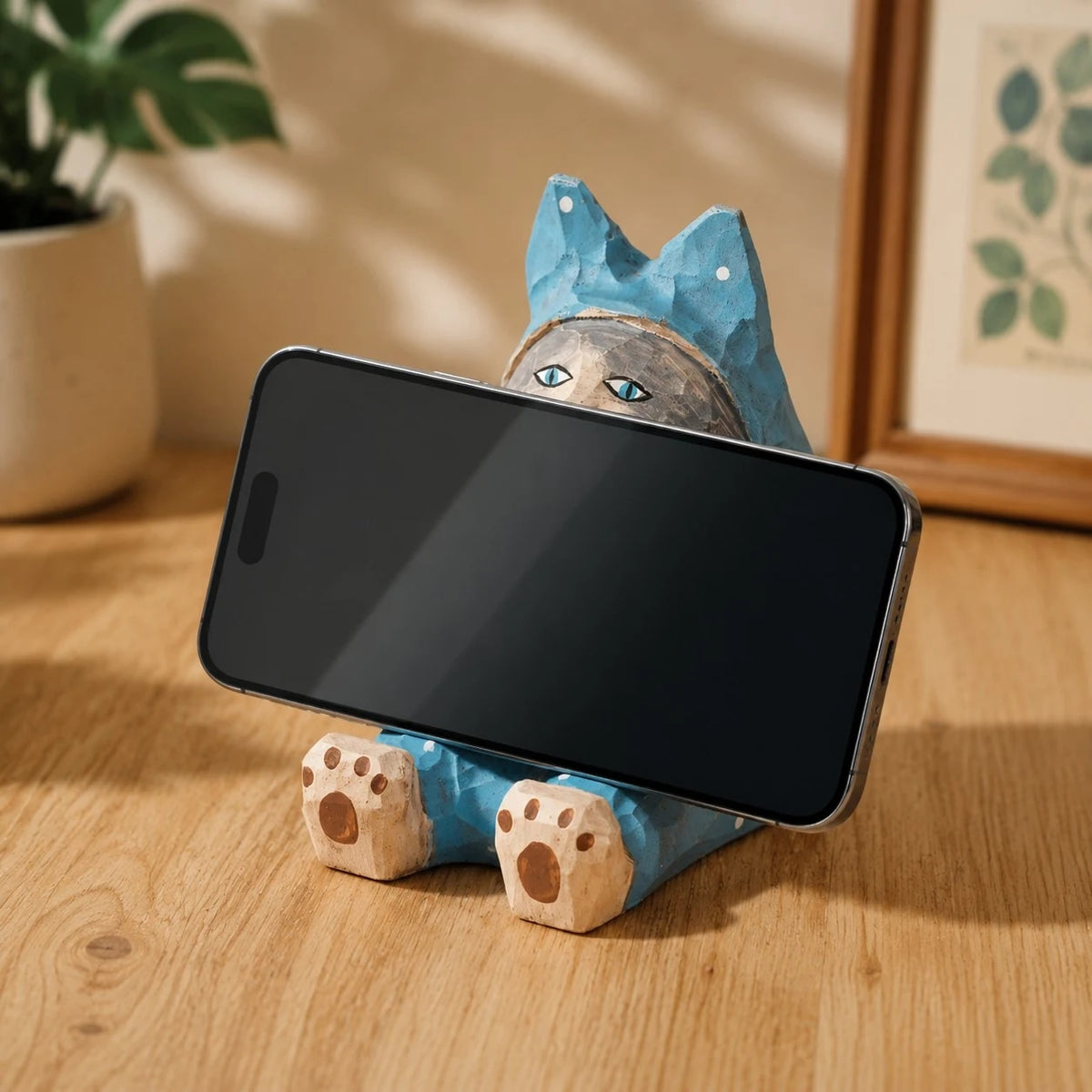Wooden animal phone stand scene view