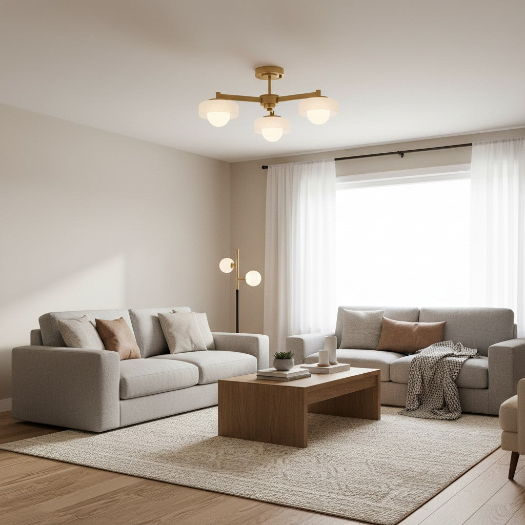 Zirvos Pendelleuchte mit mattierten Opalgloben und gebürstetem Messingrahmen für Wohn- und Esszimmer