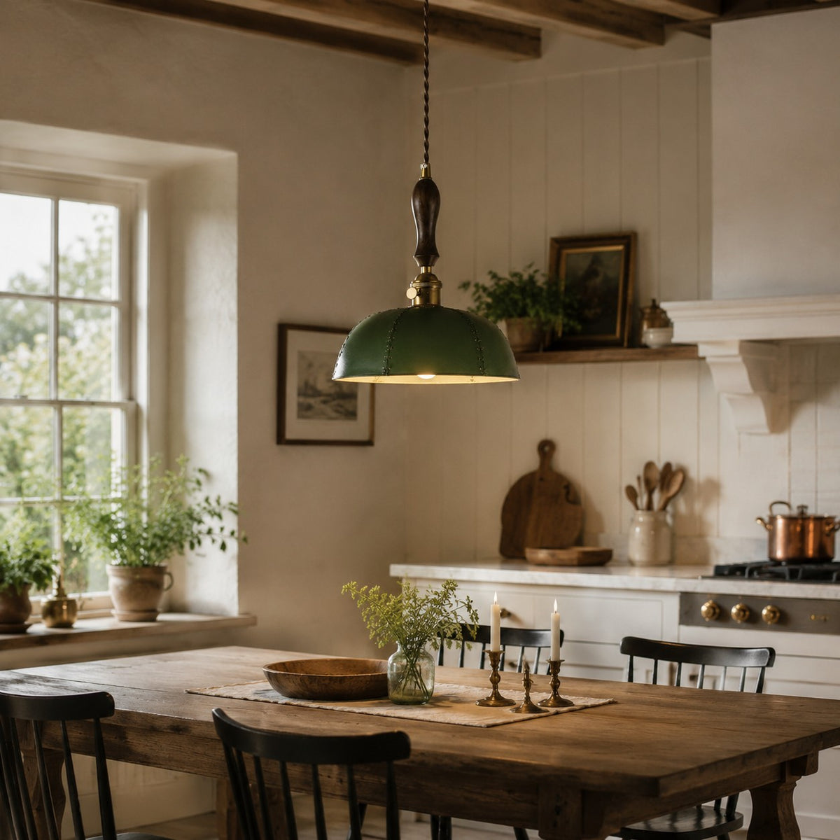 Deep green pendant in a dining kitchen