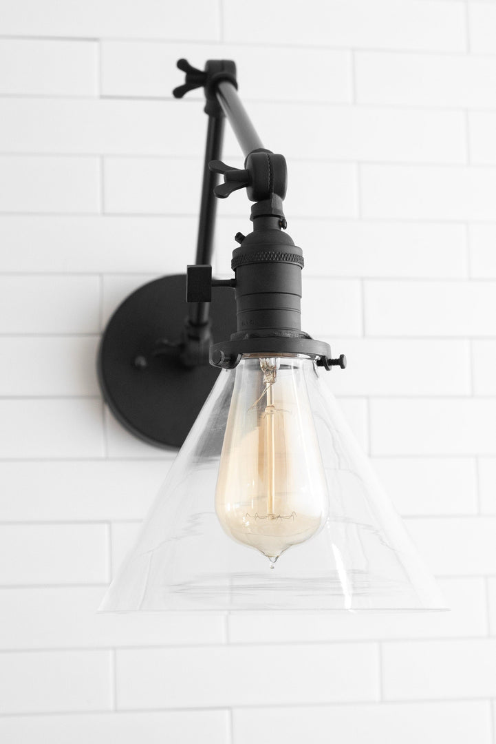 Conique Metal Industrial Wall Sconce with Adjustable Arm - Vintage Glass Cone Shade
