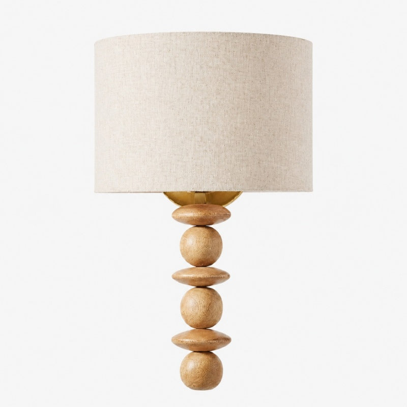 Natural wood rounded wall lamp with warm fabric shade