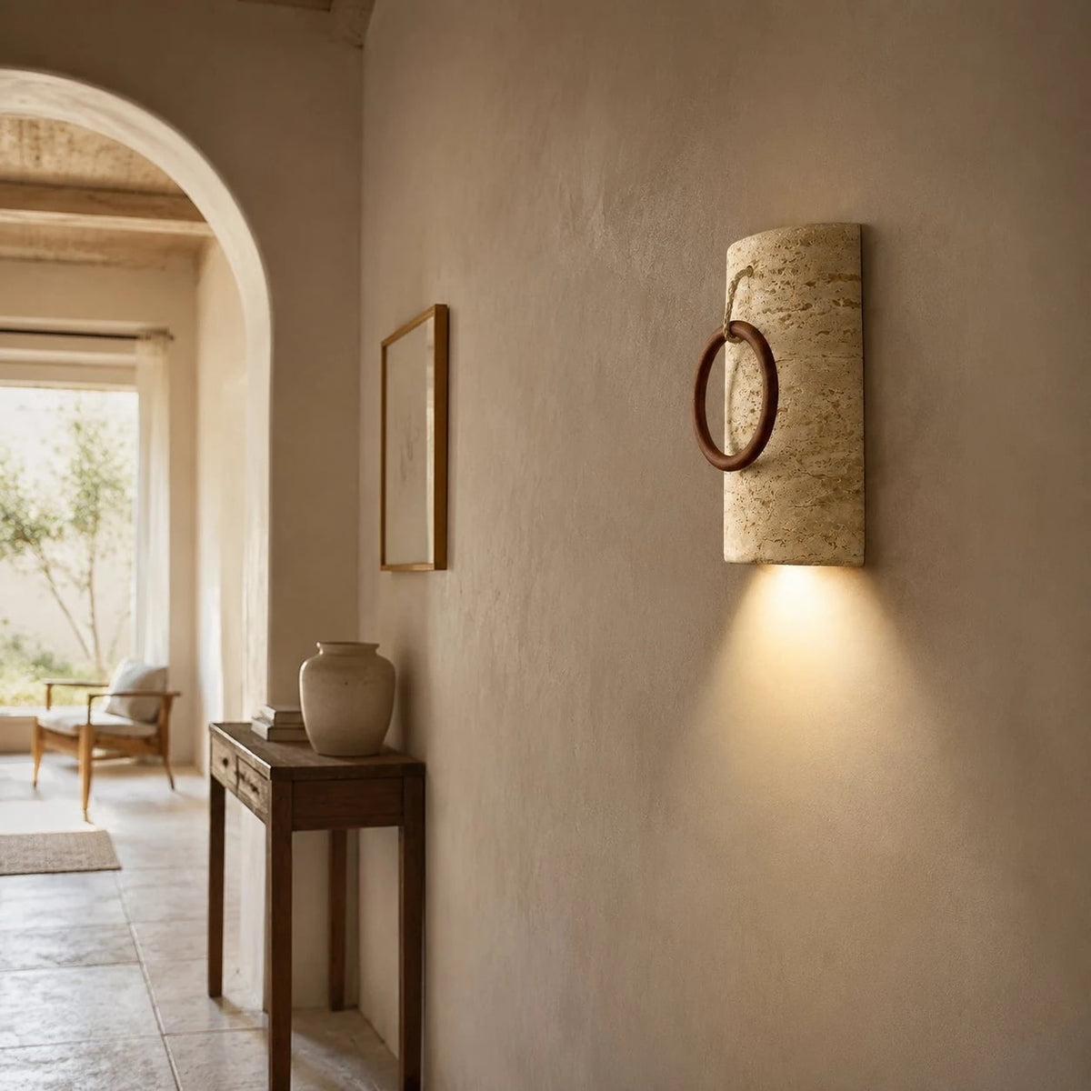 Travertine wood ring wall sconce detail